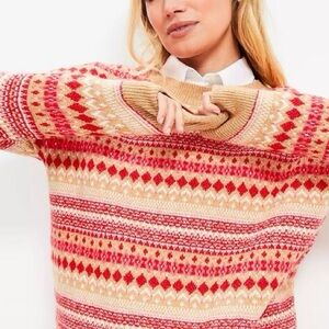 ✨NWT✨LOFT Striped Fair Isle Everyday Sweater in Red/Tan Pattern